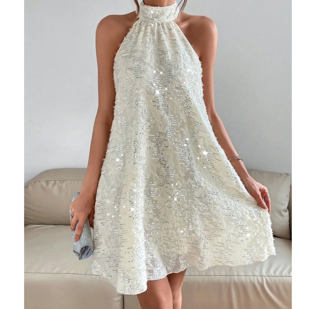 Luxe Sequin Fuzzy Party Evening Holiday Halter Dress - Picture 1 of 5